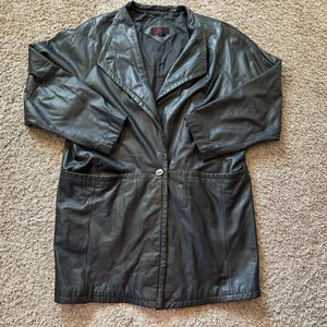 VINTAGE 80s General Clothing Company LTD Black Leather Trench Coat Size Large